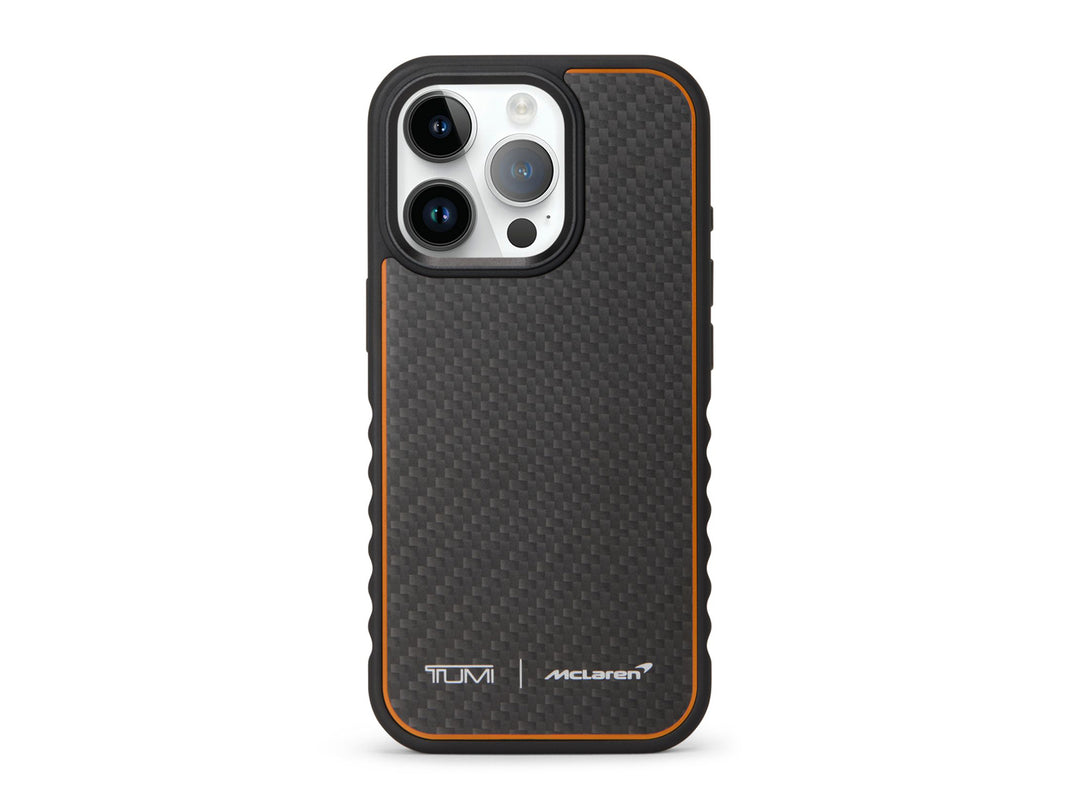 TUMI x McLaren carbon fiber iPhone 16 Pro case with papaya accent stripe and dual branding on back panel