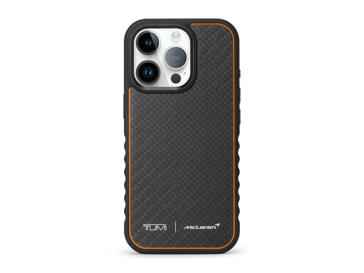 TUMI x McLaren carbon fiber iPhone 16 Pro case with papaya accent stripe and dual branding on back panel