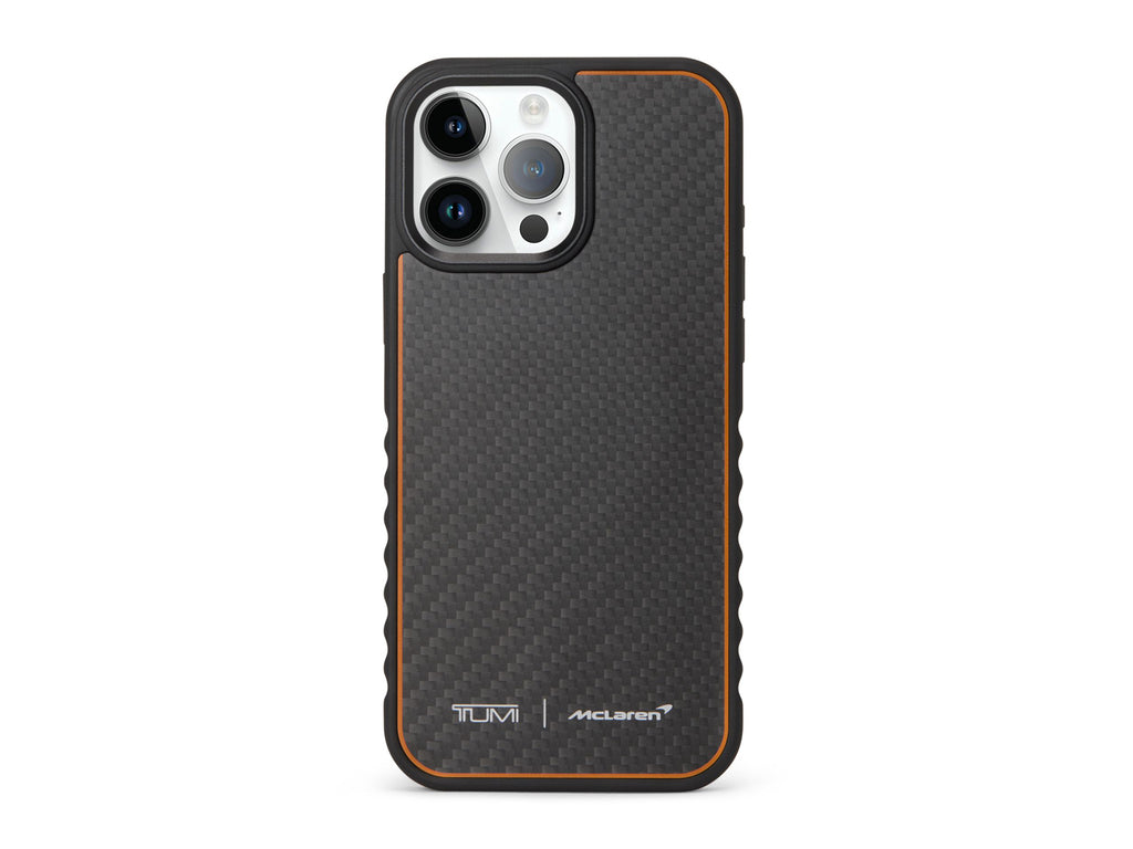 TUMI x McLaren carbon fiber iPhone 16 Pro Max case with papaya accent stripe and dual branding on back panel