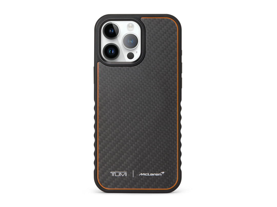 TUMI x McLaren carbon fiber iPhone 16 Pro Max case with papaya accent stripe and dual branding on back panel