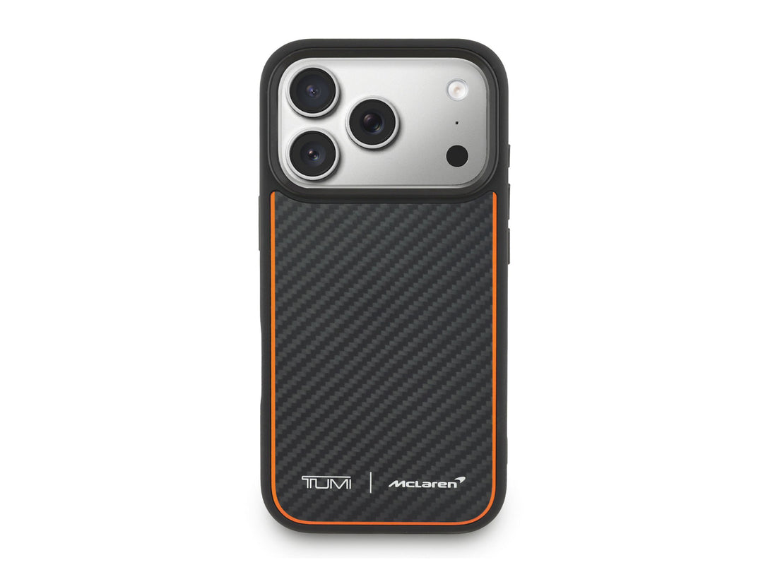 TUMI McLaren Carbon Fiber MagSafe iPhone 17 Pro Case - Front view showing genuine carbon fiber weave panel with papaya orange accents
