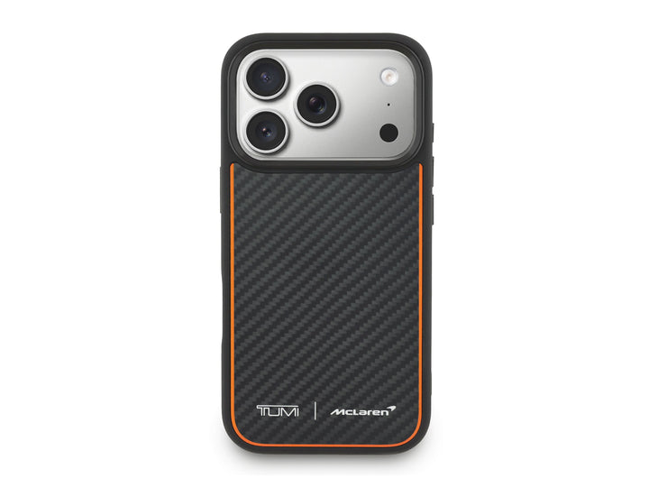 TUMI McLaren Carbon Fiber MagSafe iPhone 17 Pro Case - Front view showing genuine carbon fiber weave panel with papaya orange accents
