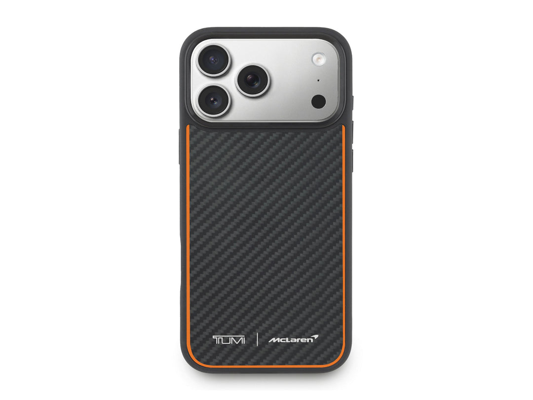 TUMI McLaren Carbon Fiber MagSafe iPhone 17 Pro Max Case - Front view showing authentic carbon fiber weave with papaya orange trim