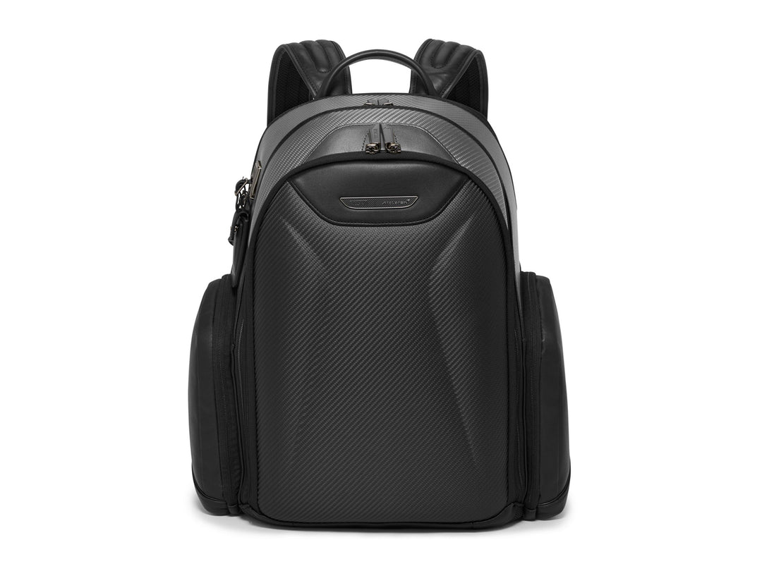 Front view of TUMI x McLaren Paddock Backpack in black with CX6 carbon fiber detailing.