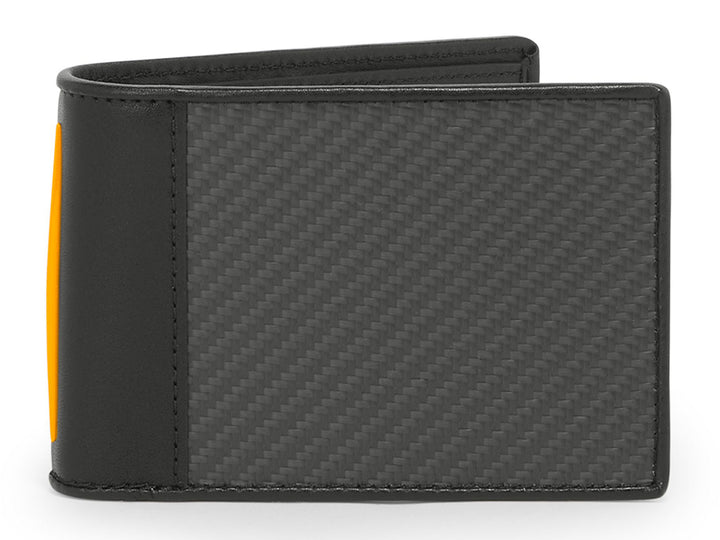 TUMI McLaren Slim Single Billfold Wallet featuring real CX6 carbon fiber with Papaya accents, showcasing a sleek and durable design.