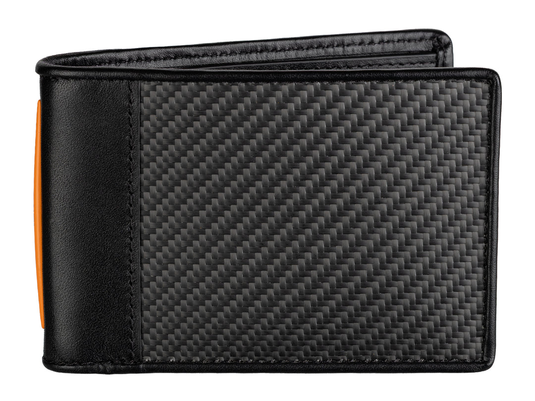 TUMI McLaren billfold wallet with carbon fiber and leather materials displayed closed