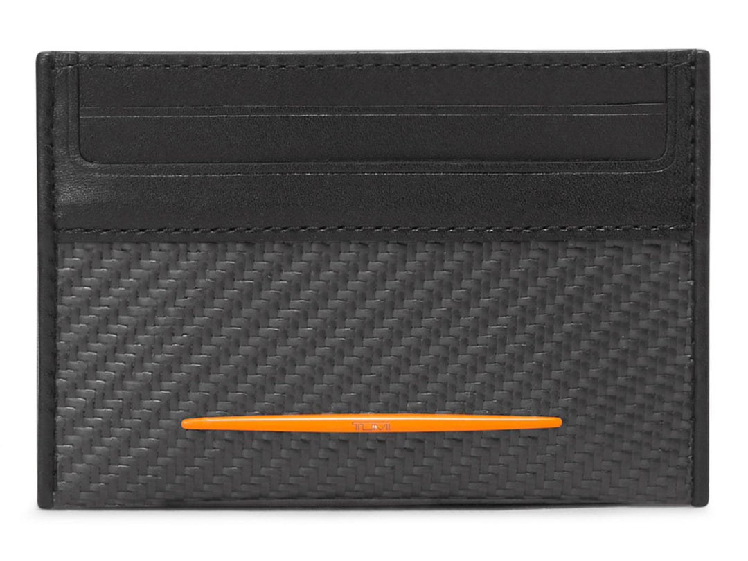Front view of TUMI | McLaren Slim Card Case with CX6 carbon fiber and orange accent