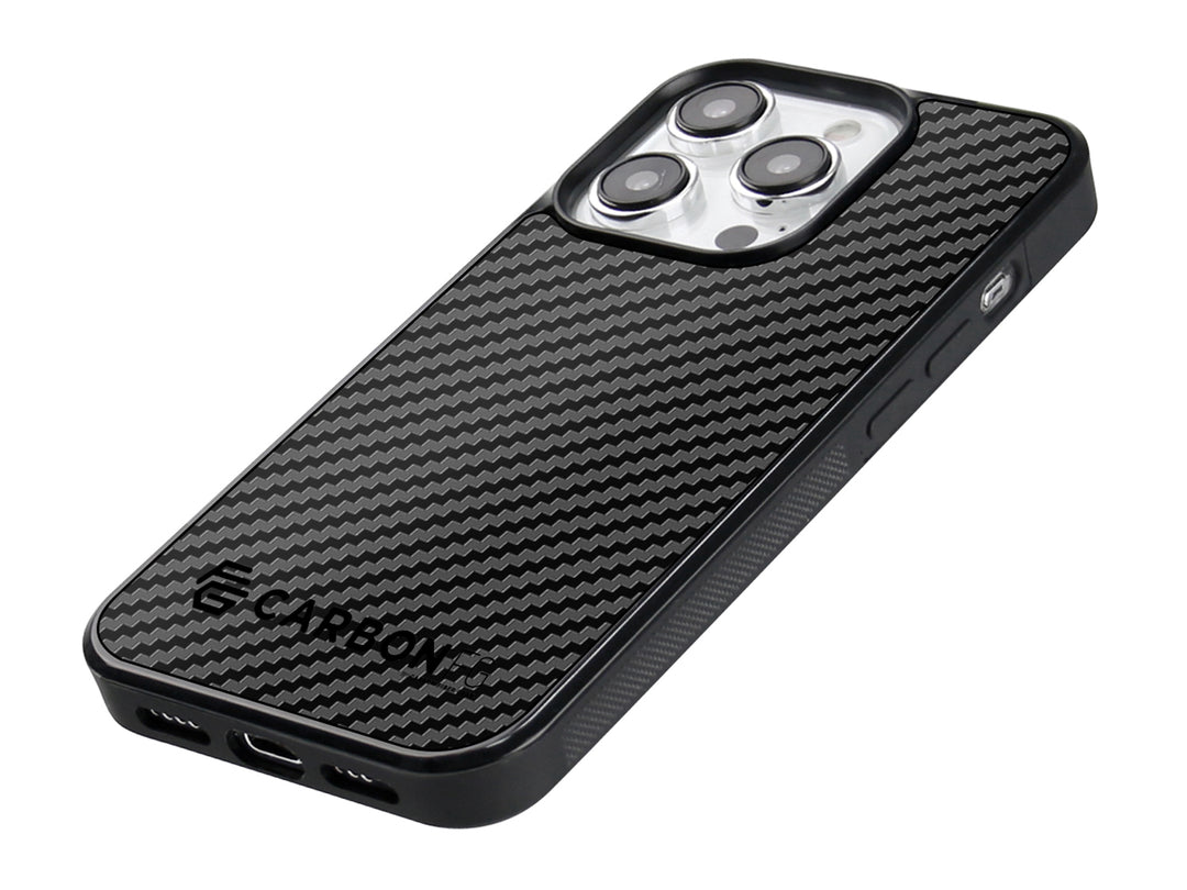 CarbonFG CarboFend carbon fiber iPhone 15 Pro case, angled