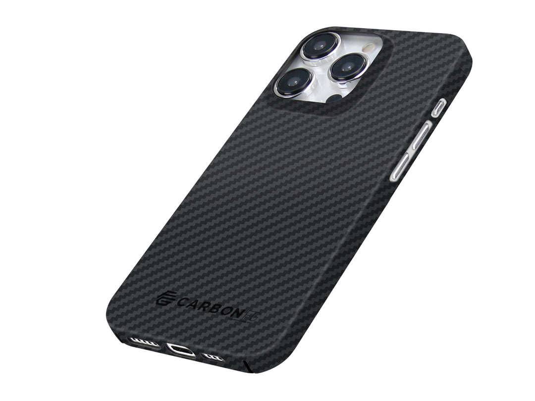 CarboKev 100% Aramid Fiber Case for iPhone 15 Pro, angled