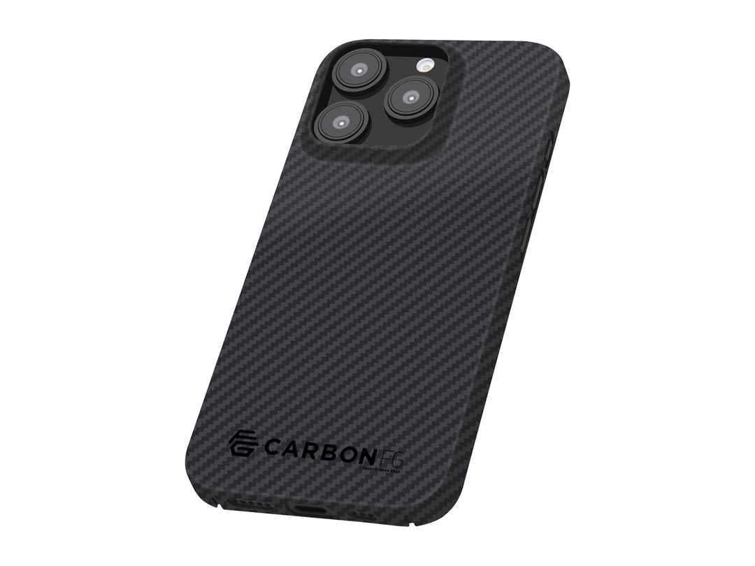 Angled view of CarboKev case highlighting the sleek matte aramid fiber texture and precision camera cutout