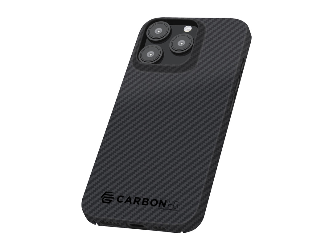 Angled view of iPhone Pro Max case displaying the refined aramid fiber texture and precision camera housing