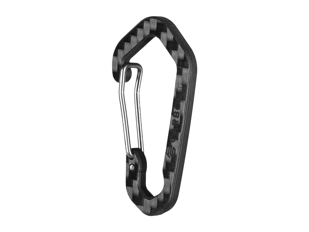 CarbonFG HexClip CF carbon fiber carabiner keychain angled side view showing hexagonal profile and stainless steel gate, 3K twill weave