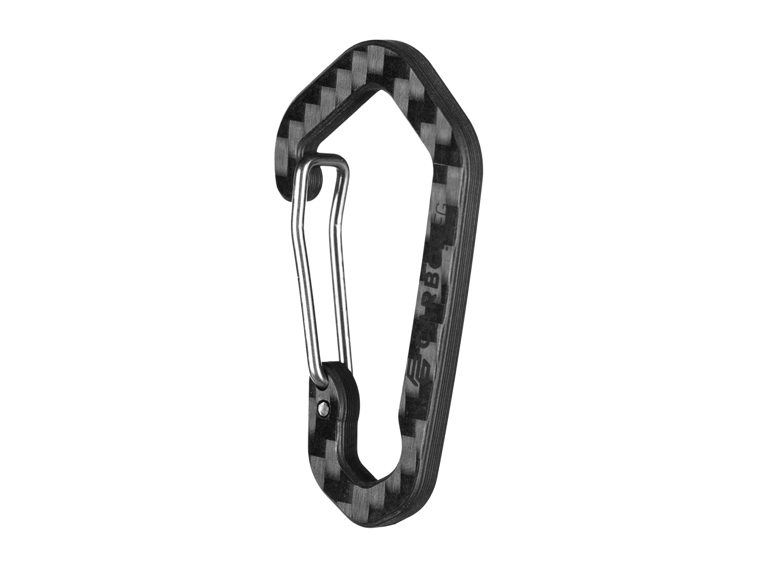 CarbonFG HexClip CF carbon fiber carabiner keychain angled side view showing hexagonal profile and stainless steel gate, 3K twill weave