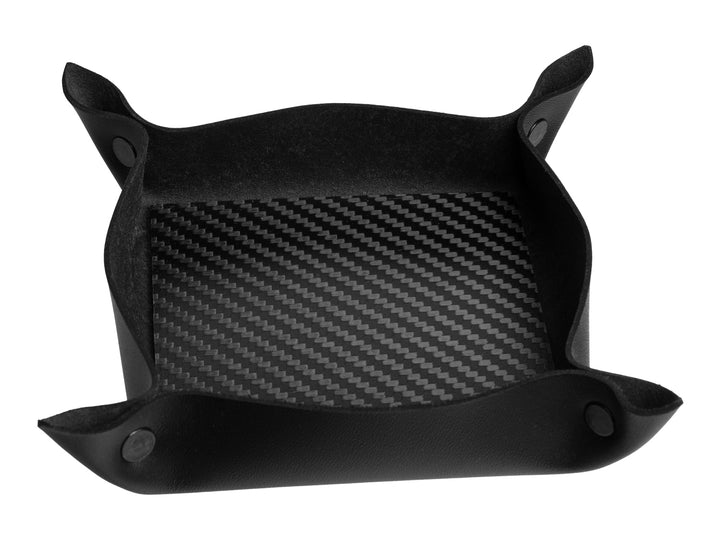 Empty CarbonFG carbon fiber and leather valet tray showcasing its sleek design and 4.5-inch usable space.