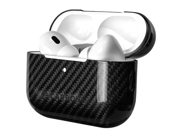 CarbonFG CarboShield carbon fiber AirPods Pro 3 case, angled view, lid open showing twill weave exterior