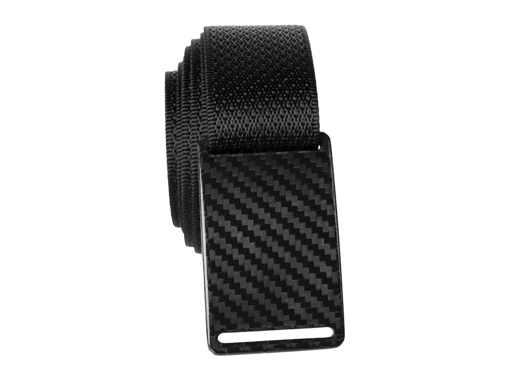 Rolled Grip6 belt showcasing the glossy carbon fiber buckle and textured black nylon strap.