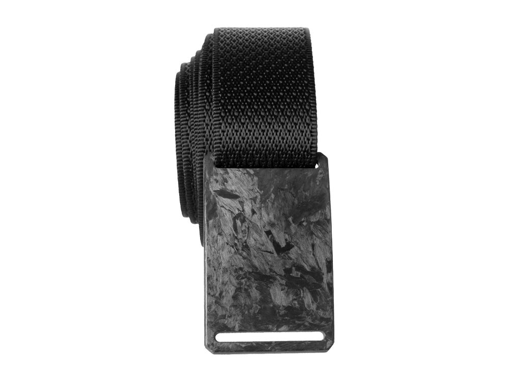 Rolled Grip6 belt displaying the forged carbon fiber buckle with a marbled pattern and textured black nylon strap.