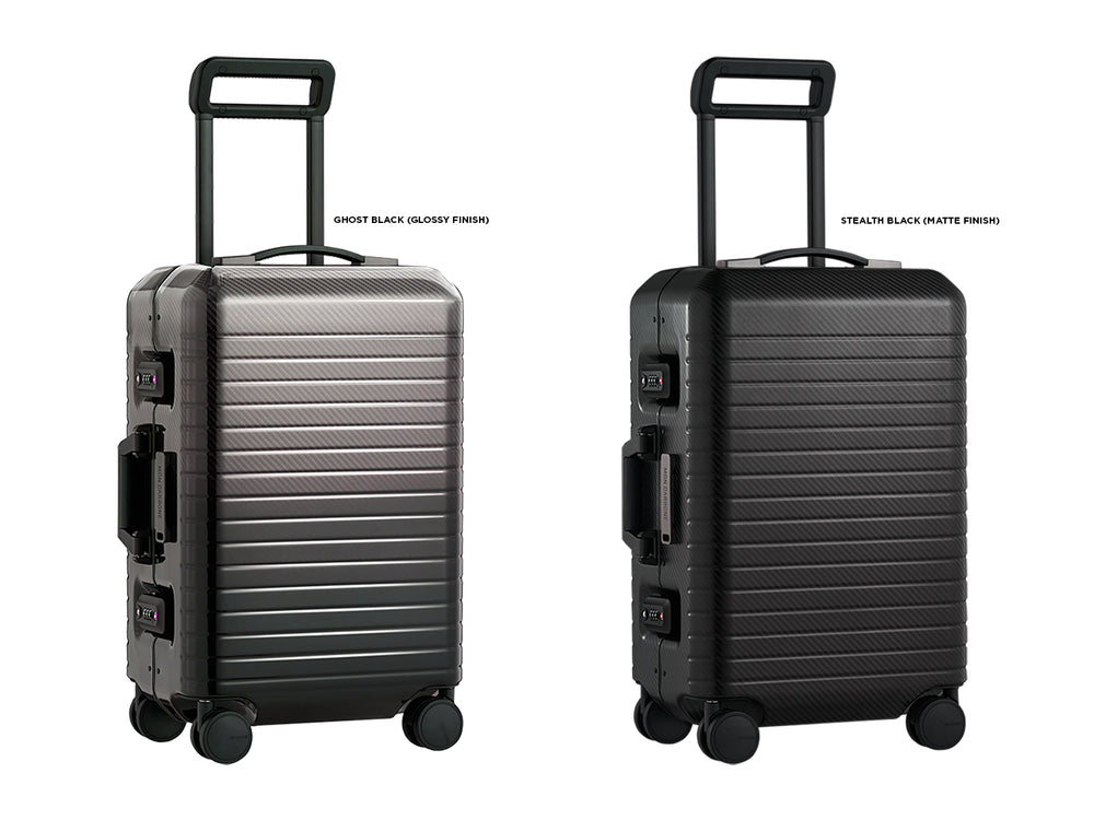 monCarbone BLACKDIAMOND Carbon Fiber Carry-On Luggage, matte vs. glossy quarter angle