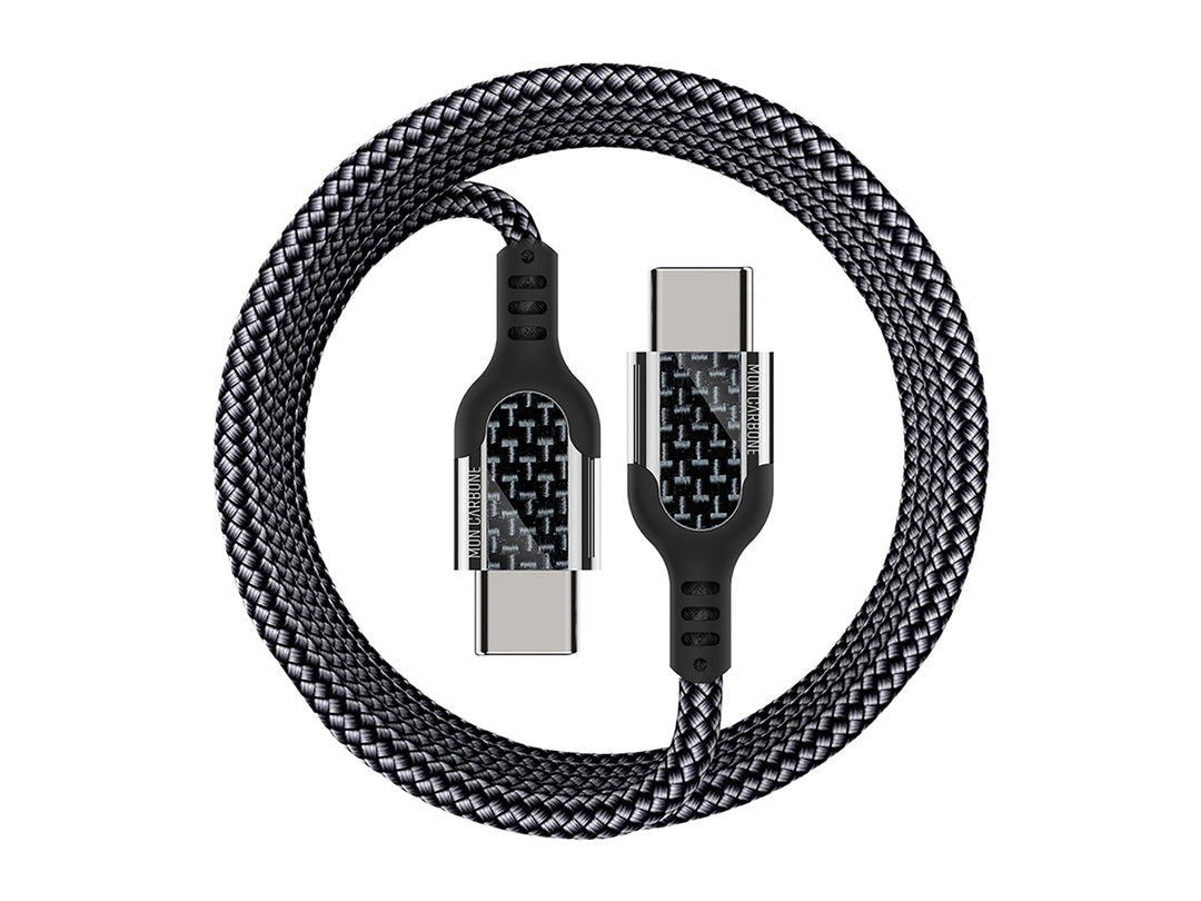 Carbon fiber usb-c to usb-c fast charge cable, rolled up