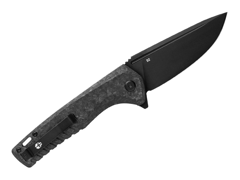 Reverse side of Tekto F3 Charlie showing forged carbon fiber grip and deep carry pocket clip