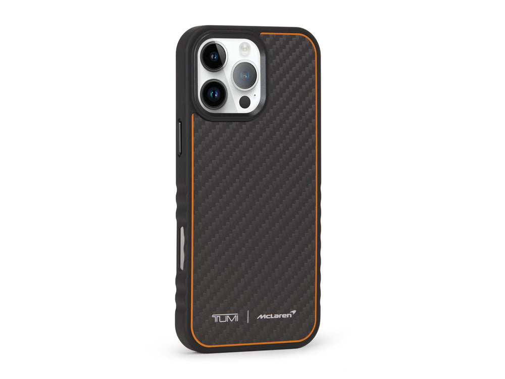 Inside view of TUMI x McLaren iPhone 16 Pro Max case showing papaya microfiber lining and MagSafe ring