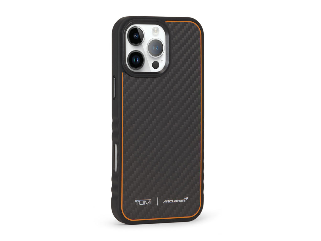 Inside view of TUMI x McLaren iPhone 16 Pro Max case showing papaya microfiber lining and MagSafe ring