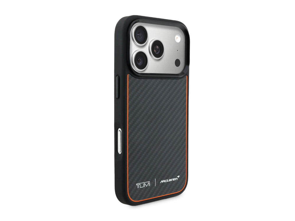 TUMI McLaren iPhone 17 Pro Case - Side angle view displaying carbon fiber back panel, protective bumper, and premium metal buttons