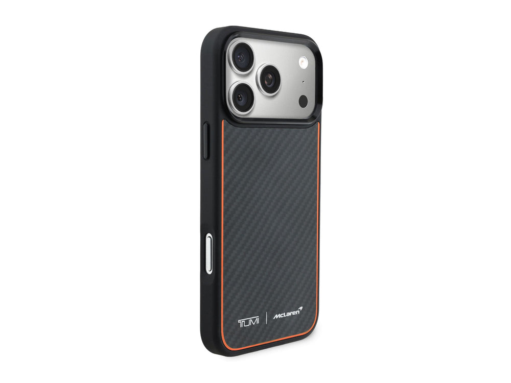 TUMI McLaren iPhone 17 Pro Max Case - Side angle showing carbon fiber panel, sleek profile without side grooves, and metal buttons