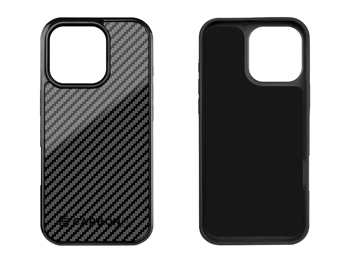 Front and back view of the CarboFend iPhone case displaying the carbon fiber pattern and protective frame design