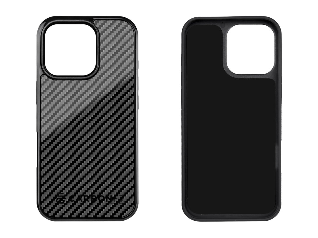 Front and back view of the CarboFend iPhone 16 Pro Max case displaying the carbon fiber pattern and protective frame design