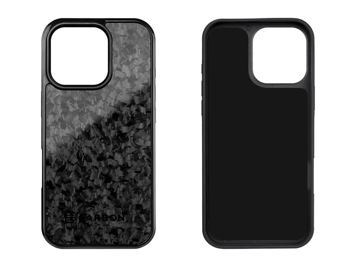 Front and back view of the iPhone case displaying the luxurious forged carbon pattern and protective frame design