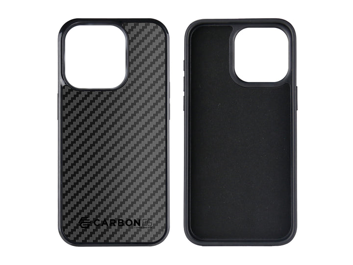 CarboFend Carbon Fiber Case for iPhone 15 Pro Max, front and inside