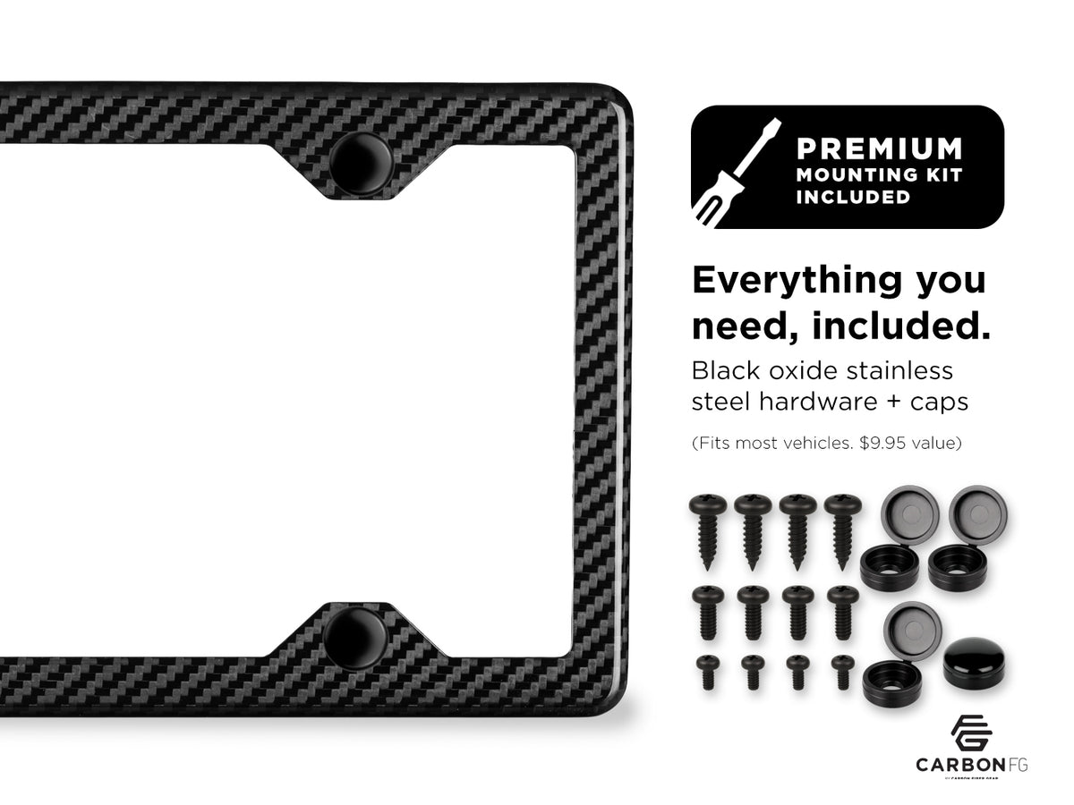 Carbon fiber license plate frame with included black oxide stainless steel hardware and caps, shown with premium mounting kit contents