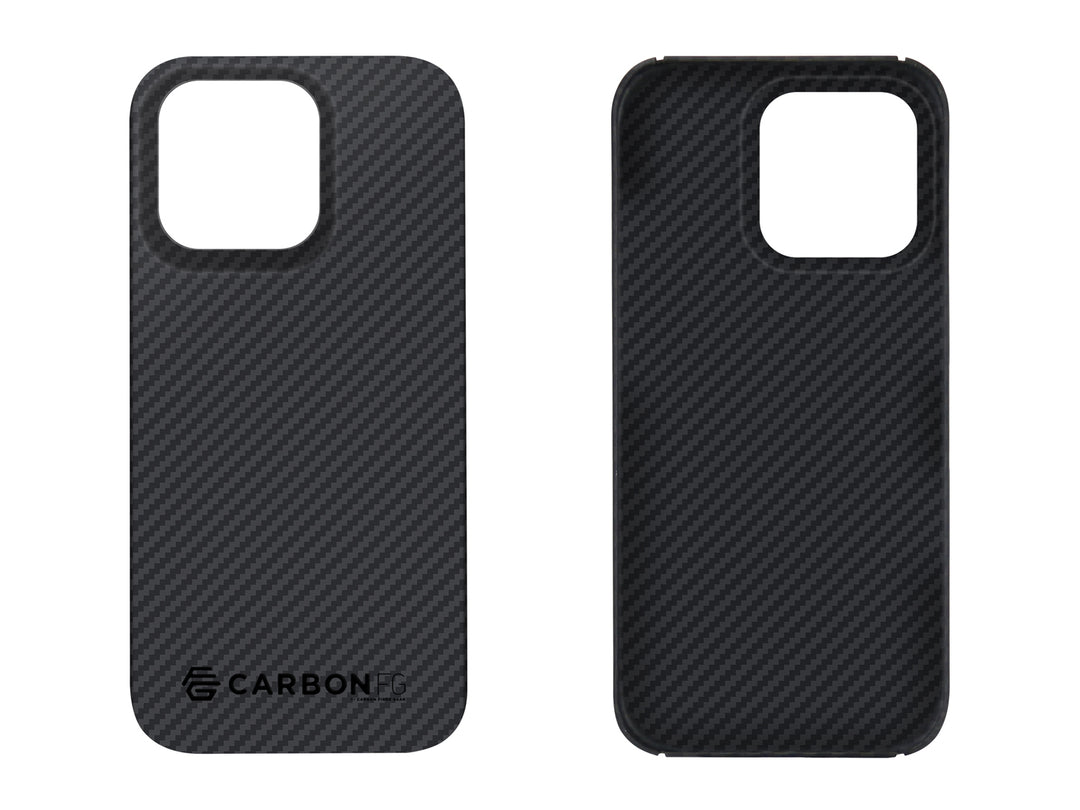 Front and back comparison of ultra-thin iPhone case showcasing the minimalist design and refined aramid fiber finish