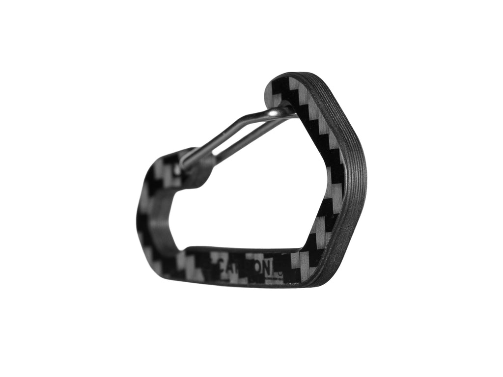CarbonFG HexClip CF carbon fiber carabiner keychain edge view showing 20 layers of genuine 3K twill weave carbon fiber construction