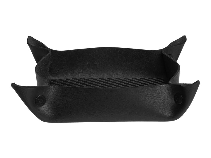 Side view of CarbonFG carbon fiber and leather valet tray highlighting its sturdy construction.