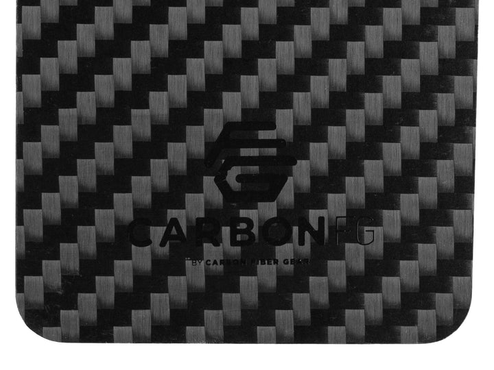 CarbonFG carbon fiber luggage tag up close with logo
