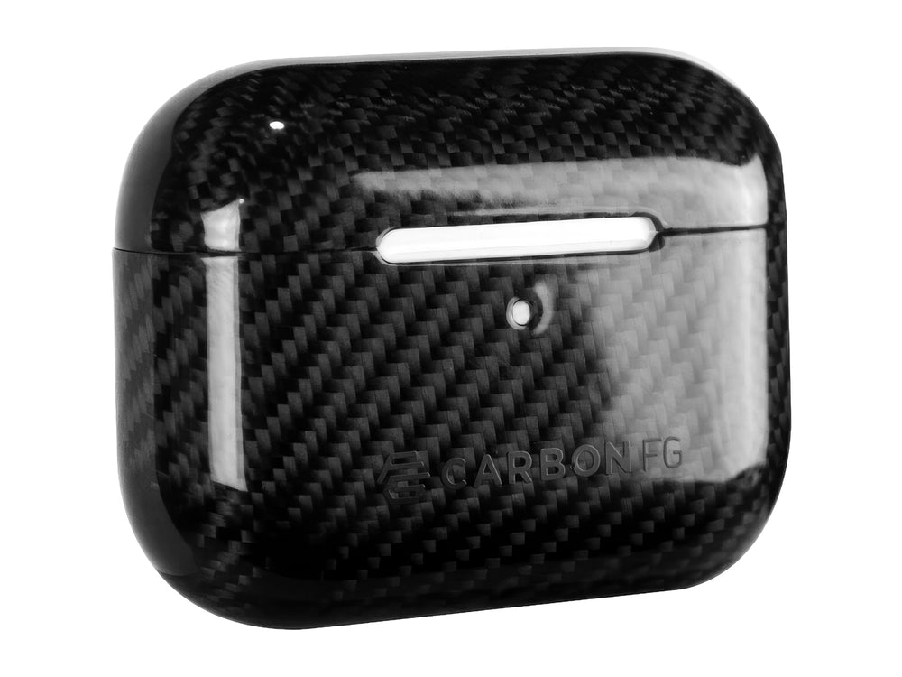 CarbonFG CarboShield carbon fiber AirPods Pro 3 case, closed rear view showing CarbonFG logo and high gloss finish