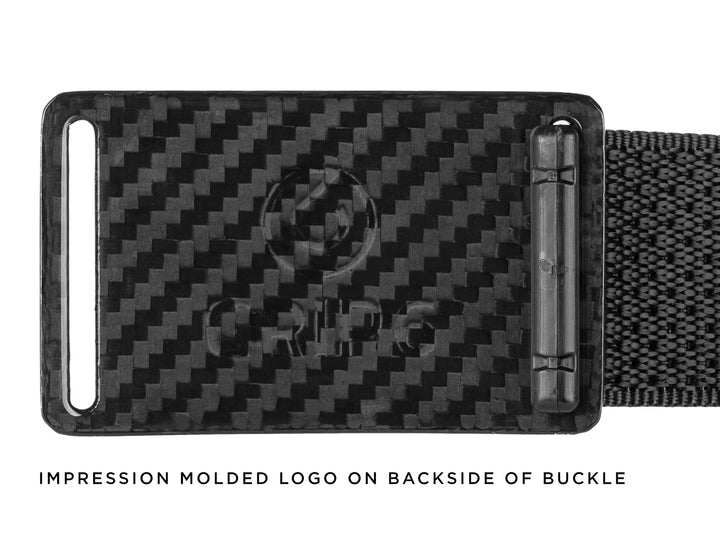 Close-up of the back of the Grip6 carbon fiber buckle with an impression-molded logo and twill weave carbon fiber pattern.