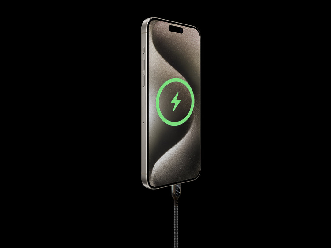 Carbon fiber usb-c to usb-c fast charge cable plugged into iphone