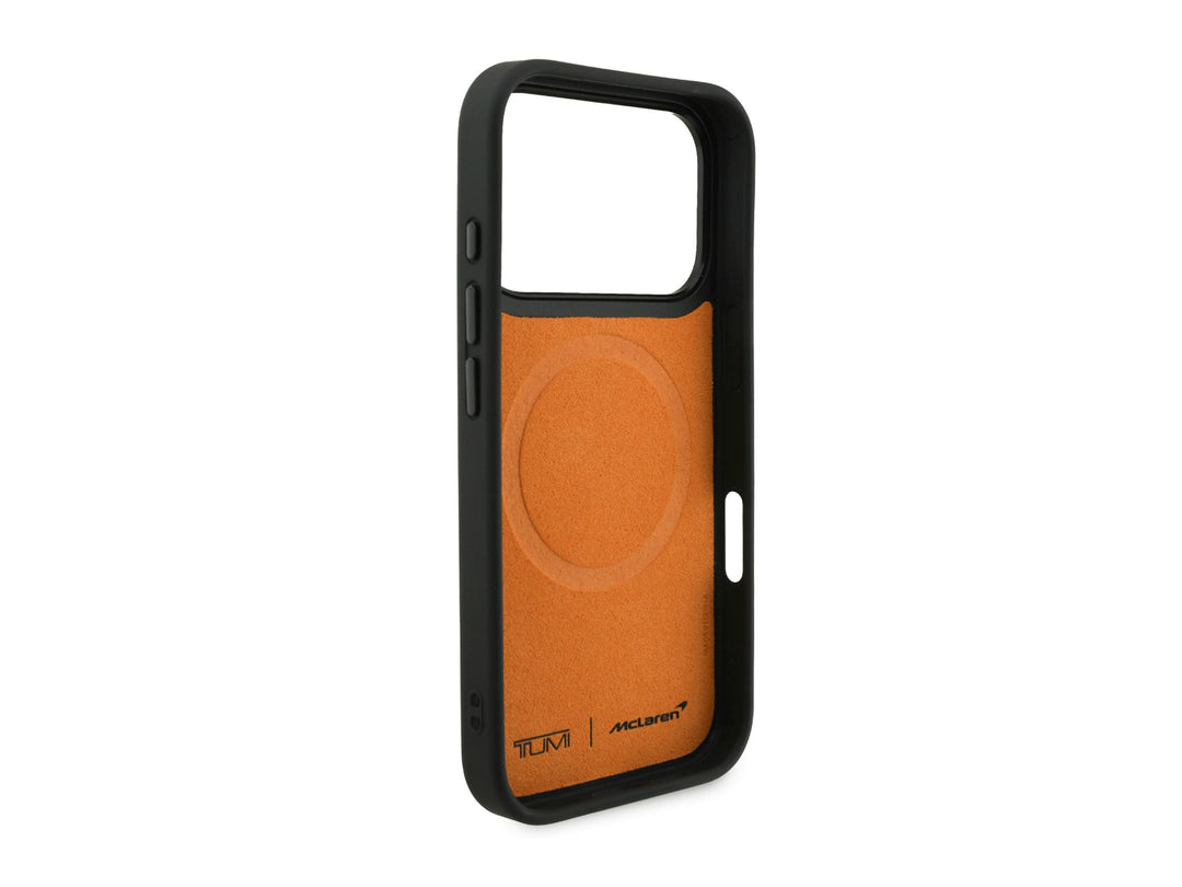 TUMI McLaren iPhone 17 Pro Case - Interior papaya orange microfiber lining with MagSafe compatibility circle