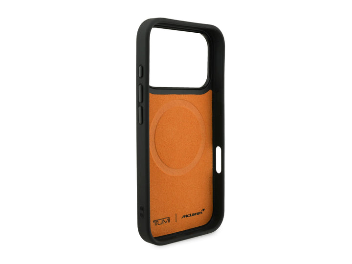 TUMI McLaren iPhone 17 Pro Case - Interior papaya orange microfiber lining with MagSafe compatibility circle
