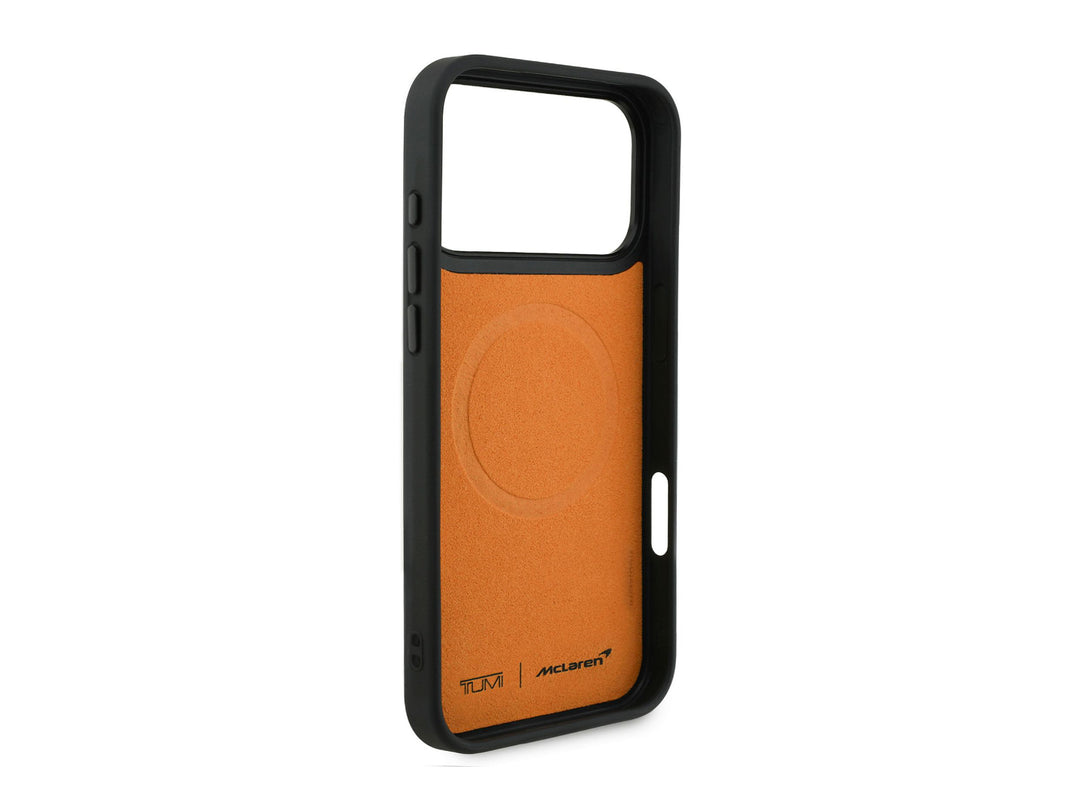 TUMI McLaren iPhone 17 Pro Max Case - Interior McLaren papaya orange microfiber lining with MagSafe wireless charging ring