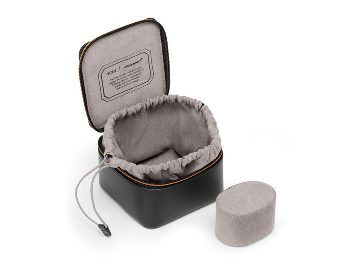 TUMI x McLaren Watch Case open view with removable pillow insert for adjustable watch fit up to 46mm