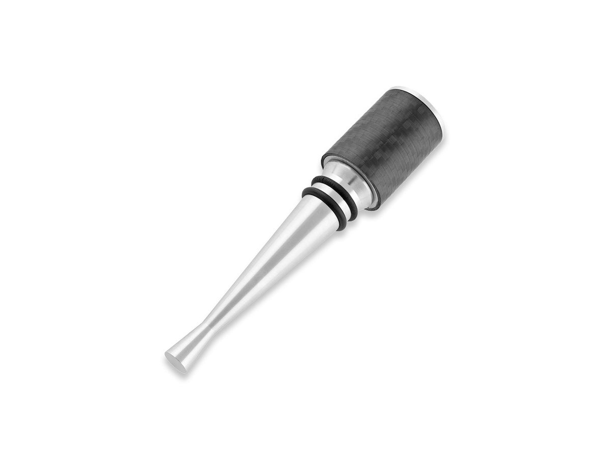 Top-down view of the Farfalli Wine Stopper, showcasing the luxurious carbon fiber detail and quality craftsmanship.