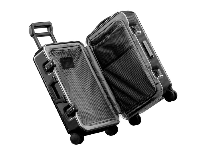 monCarbone BLACKDIAMOND Carbon Fiber Carry-On Luggage, inside and open