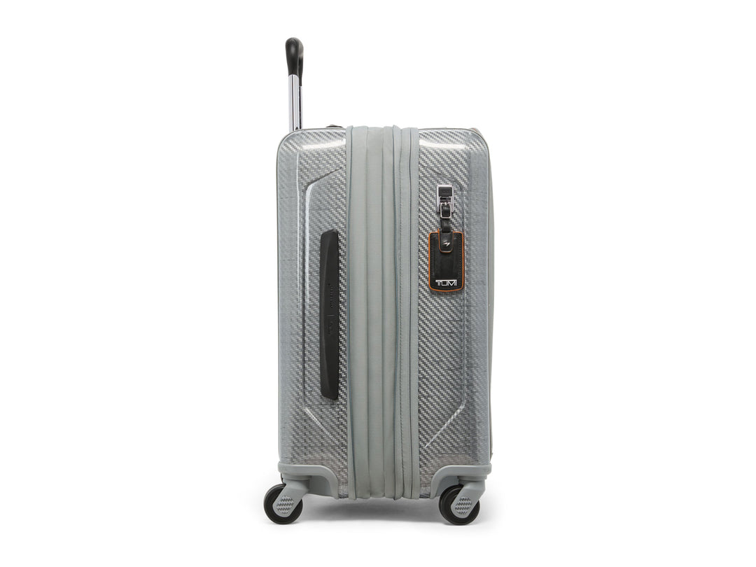 Side profile of Aero carry-on showing Tegris material construction and dual spinner wheels