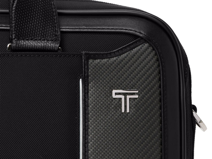 Close-up of American-made CX6 carbon fiber weave panel with TUMI logo on Hannover brief