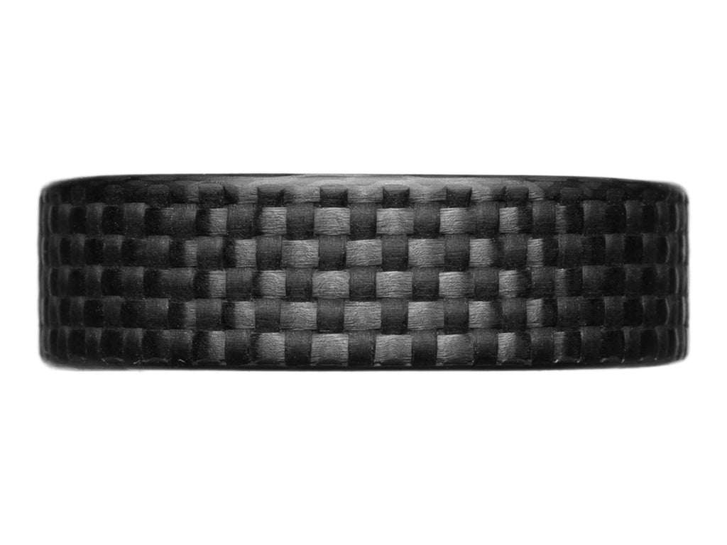 Close-up side view of the WeaveForce Gridlock 6mm carbon fiber ring showcasing its tight checkered weave pattern.
