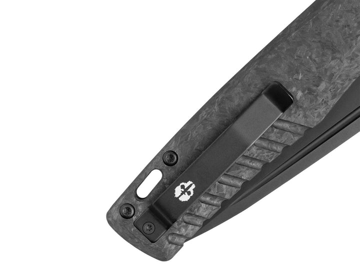 Pocket clip and forged carbon handle texture of the Tekto F3 Charlie knife, angled view